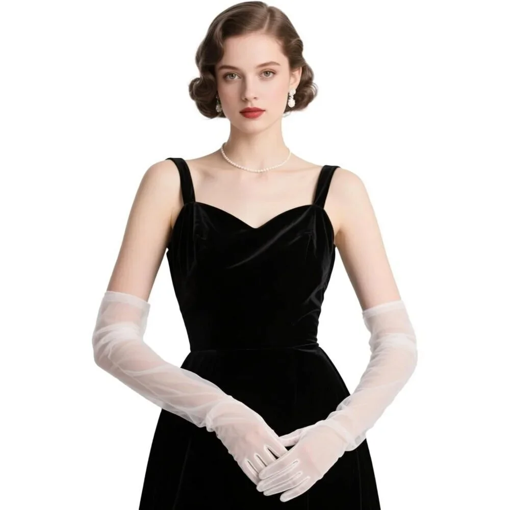 Women's Tulle White Long Satin Gloves Evening Elbow Length Party Costumes